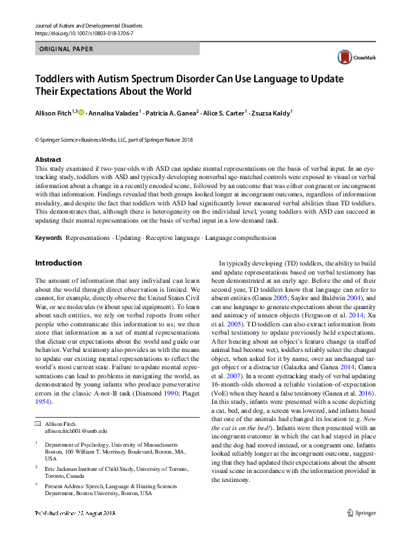 (PDF) Toddlers with Autism Spectrum Disorder Can Use Language to Update ...