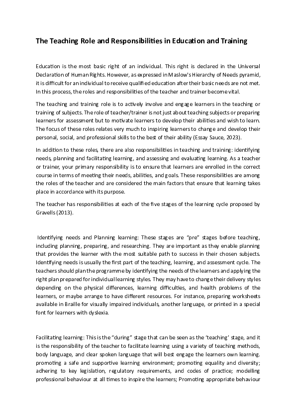 (PDF) The Teaching Role and Responsibilities in Education and Training