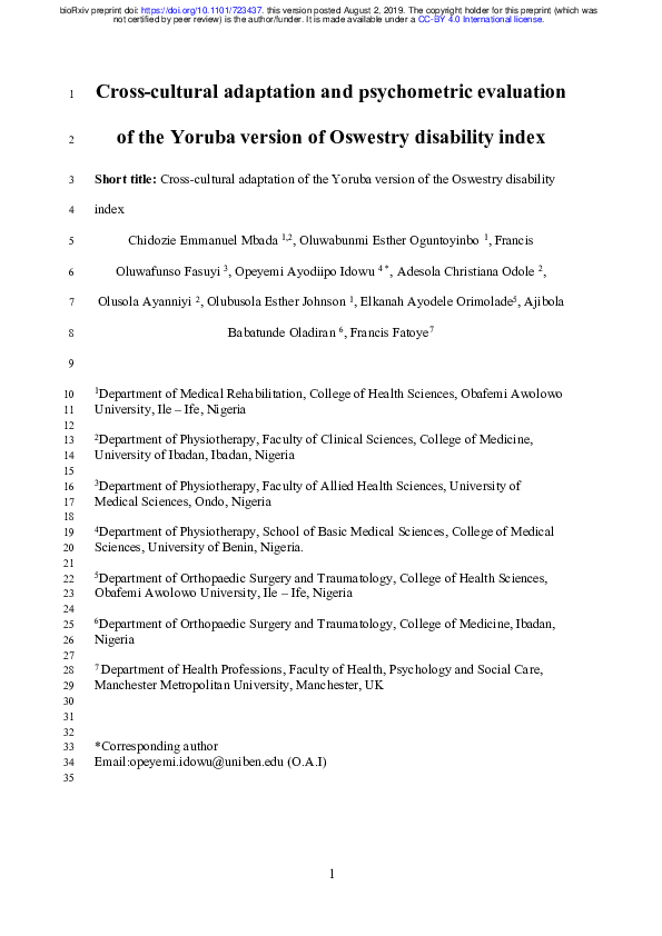(PDF) Cross-cultural adaptation and psychometric evaluation of the ...
