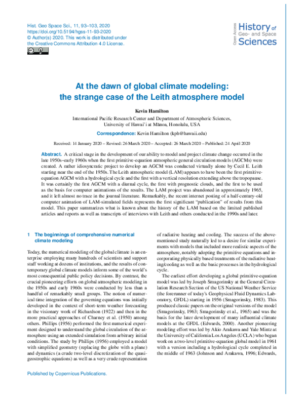 (PDF) At the dawn of global climate modeling: the strange case of the ...