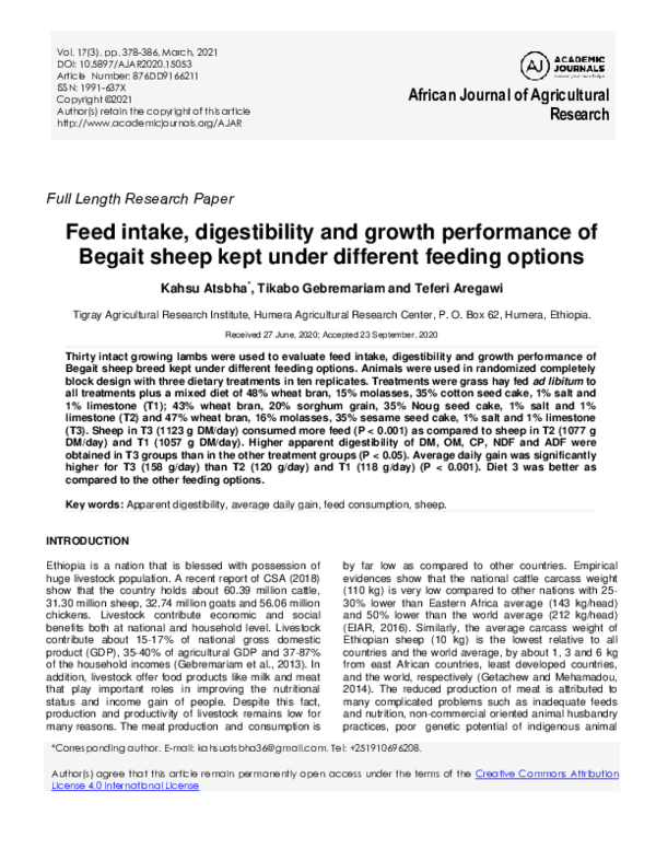 (PDF) Feed intake, digestibility and growth performance of Begait sheep ...