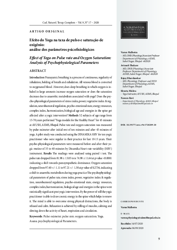 (PDF) Effect of Yoga on Pulse rate and Oxygen Saturation: Analysis of ...