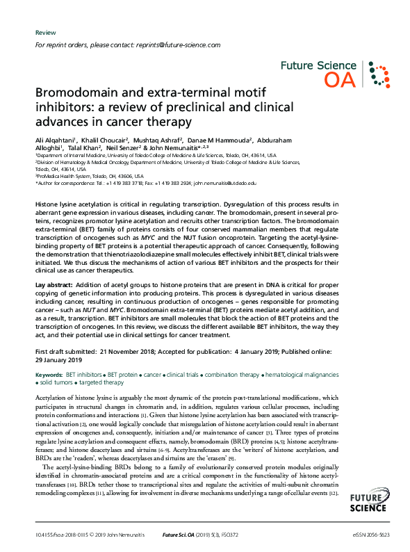 (PDF) Bromodomain and extra-terminal motif inhibitors: a review of ...