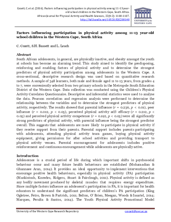 (PDF) Factors influencing participation in physical activity among 11 ...