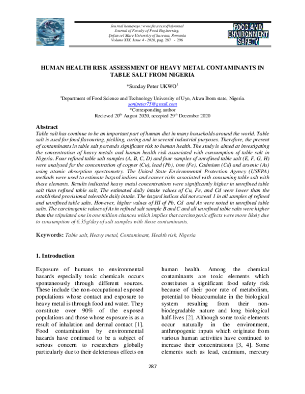 (PDF) Human Health Risk Assessment of Heavy Metal Contaminants in Table ...