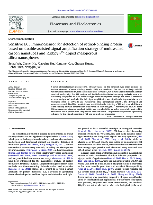 (PDF) Sensitive ECL immunosensor for detection of retinol-binding ...