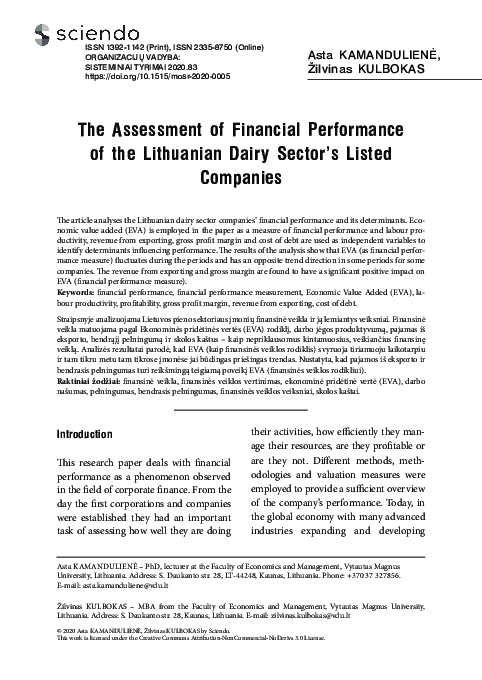 The Assessment of Financial Performance of the Lithuanian Dairy Sector’s Listed Companies