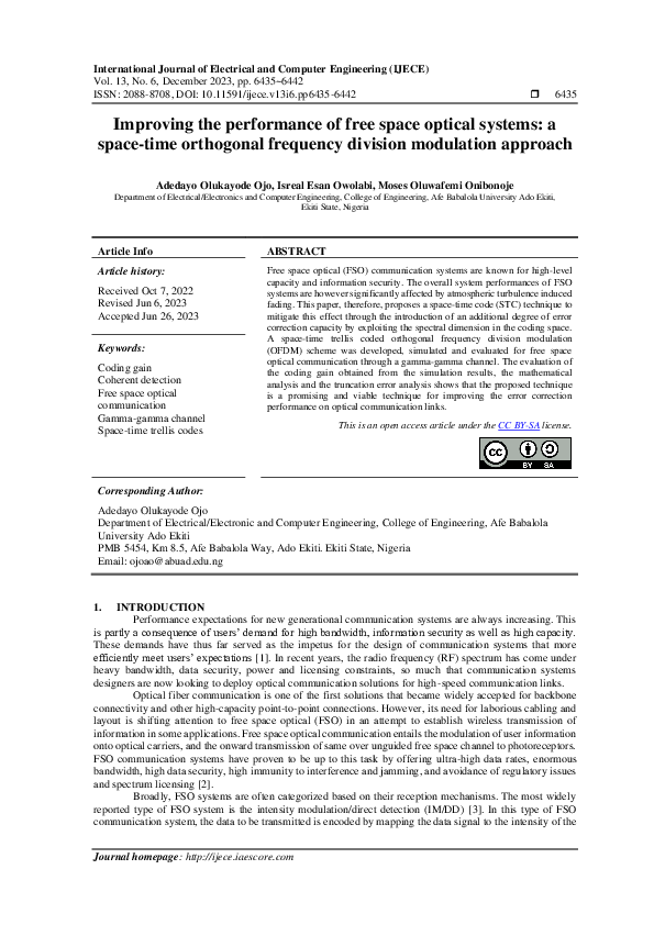 (PDF) Improving the performance of free space optical systems: a space ...