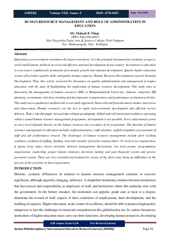 (PDF) Human Resource Management and Role of Administration in Education