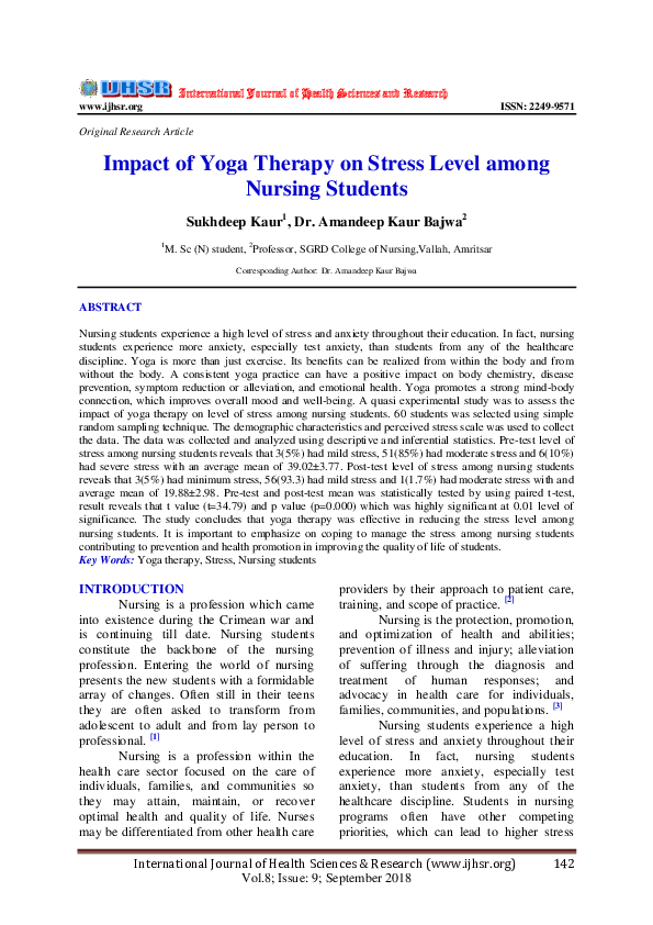 (PDF) Impact of Yoga Therapy on Stress Level among Nursing Students