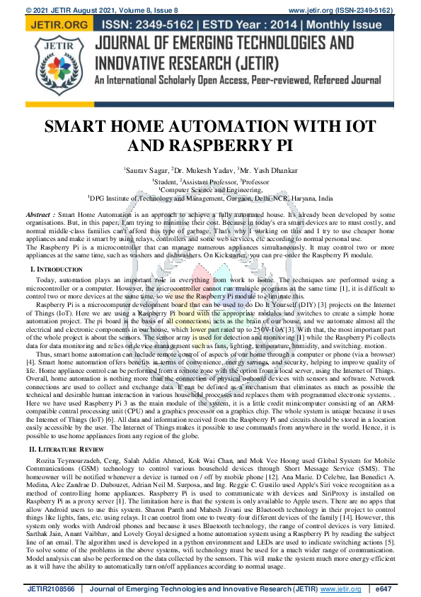 (PDF) Smart Home Automation With IoT and Raspberry Pi