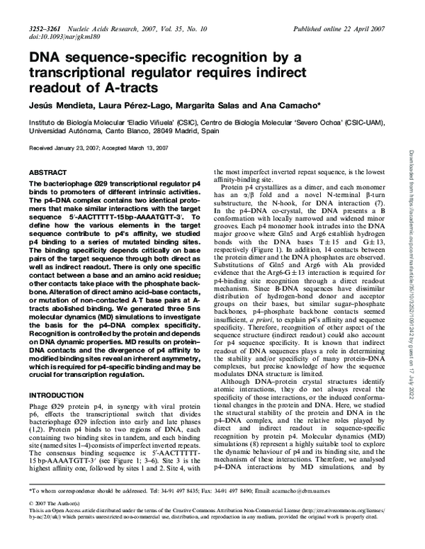 (PDF) DNA sequence-specific recognition by a transcriptional regulator ...