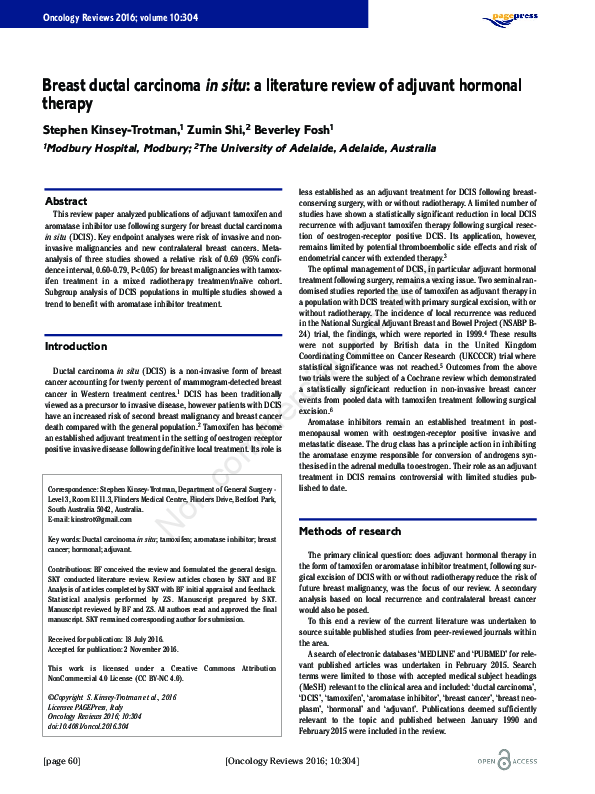 (PDF) Breast ductal carcinoma in situ: a literature review of adjuvant ...