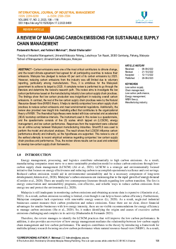 (PDF) A Review of Managing Carbon Emissions for Sustainable Supply ...