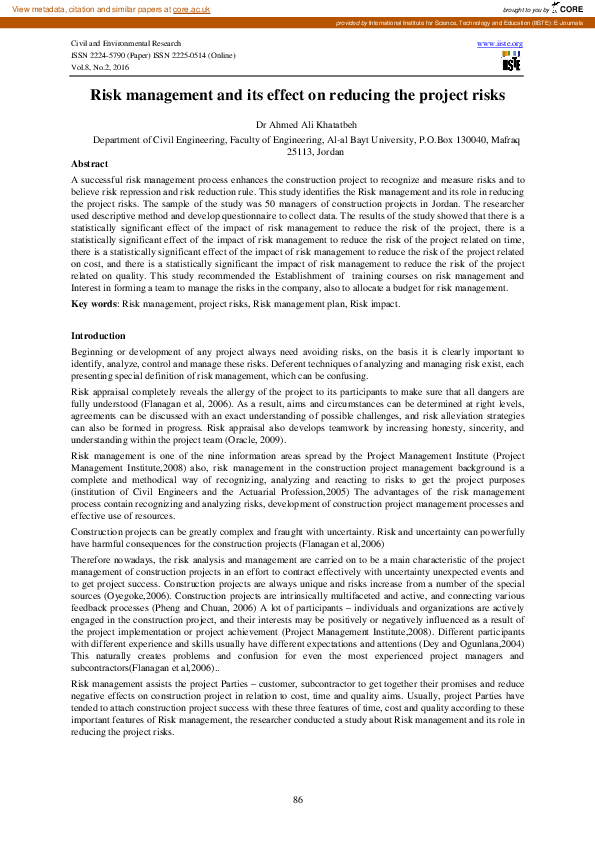 (PDF) Risk management and its effect on reducing the project risks