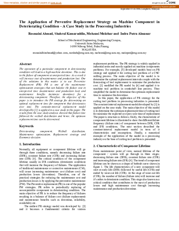 (PDF) The Application Of Preventive Replacement Strategy On Machine ...