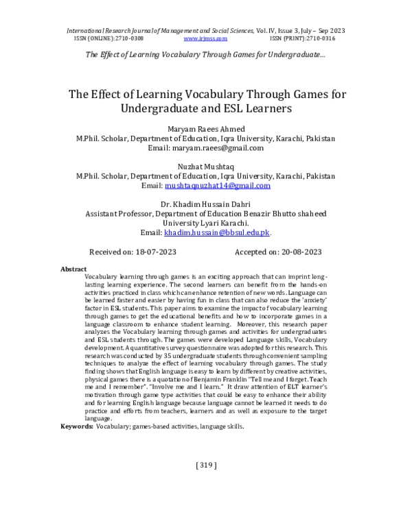 (PDF) The Effect of Learning Vocabulary Through Games for Undergraduate ...