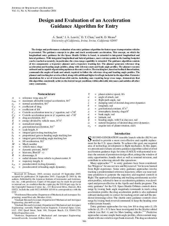 (PDF) Design and Evaluation of an Acceleration Guidance Algorithm for Entry