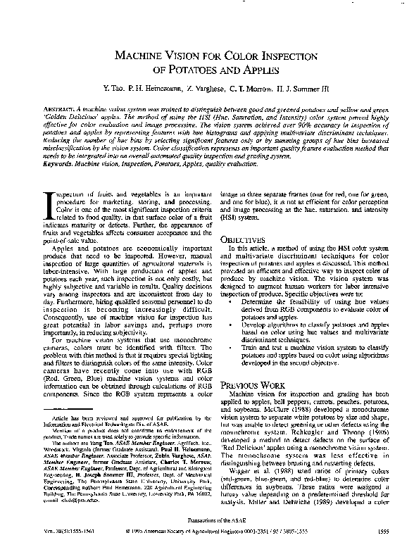 (PDF) Machine Vision for Color Inspection of Potatoes and Apples