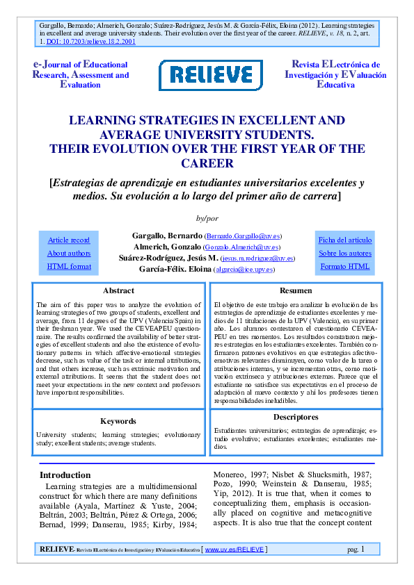 (PDF) Learning strategies in excellent and average university students ...