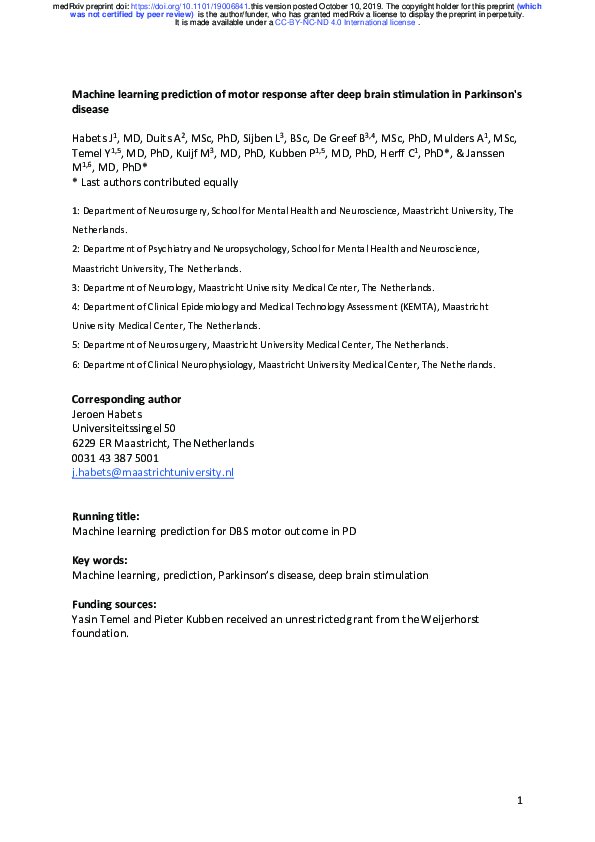 (PDF) Machine learning prediction of motor response after deep brain ...