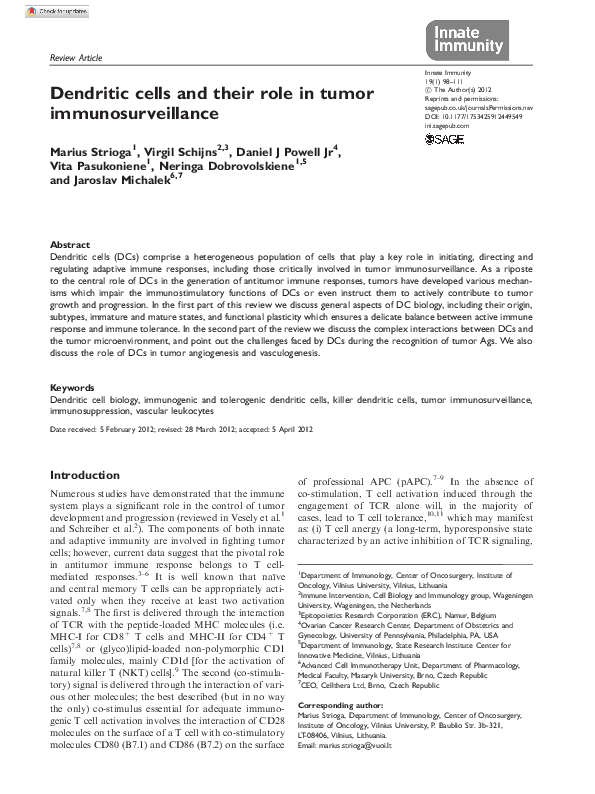 (PDF) Dendritic cells and their role in tumor immunosurveillance