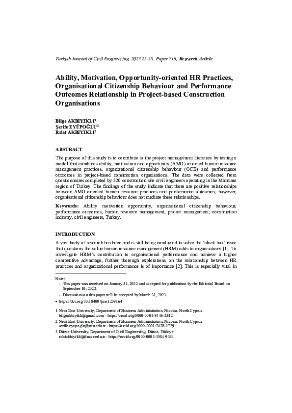 Ability, Motivation, Opportunity-oriented HR Practices, Organisational Citizenship Behaviour and Performance Outcomes Relationship in Project-based Construction Organisations