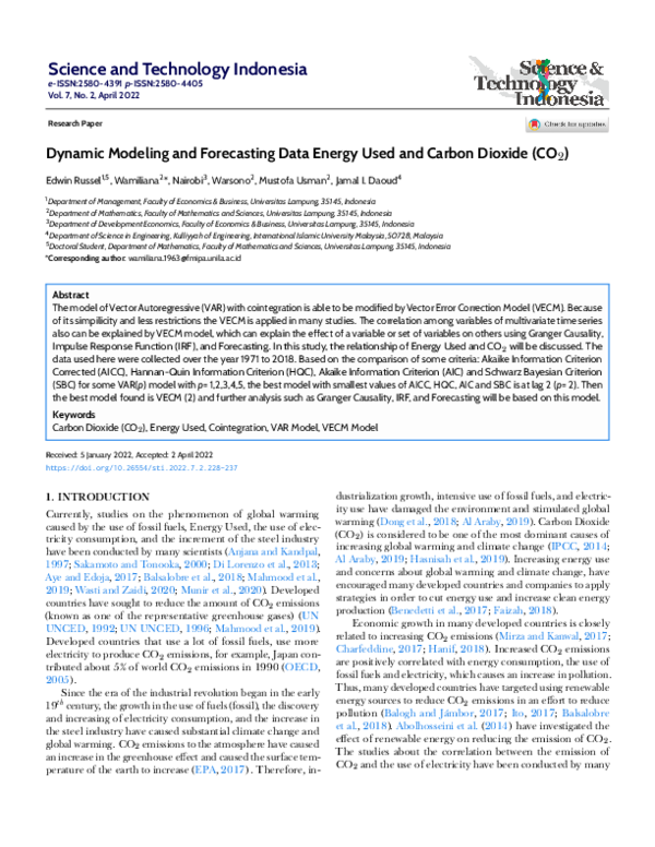 (PDF) Dynamic Modeling and Forecasting Data Energy Used and Carbon ...