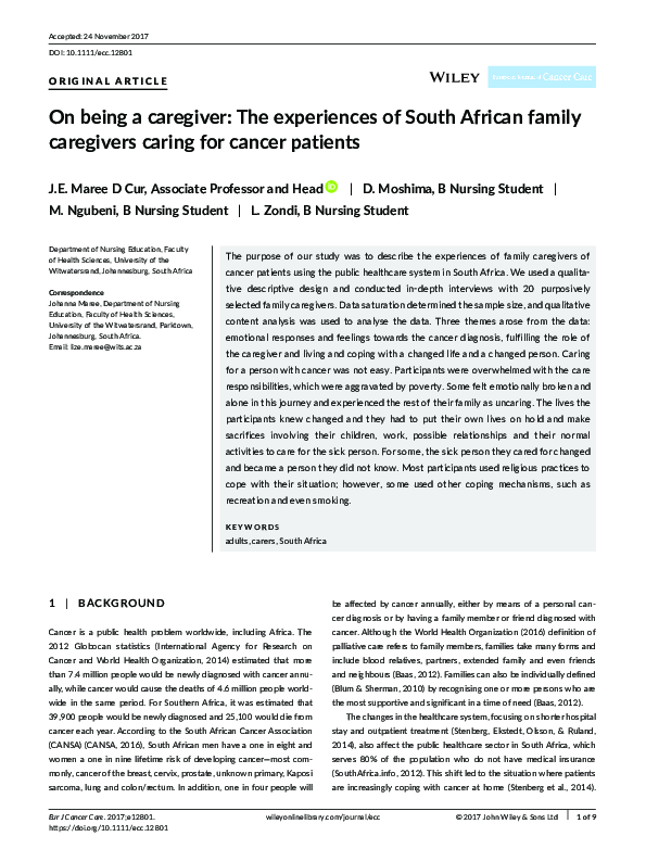 (PDF) On being a caregiver: The experiences of South African family ...