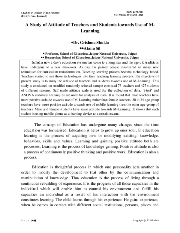 (PDF) A Study of Attitude of Teachers and Students towards Use of M ...