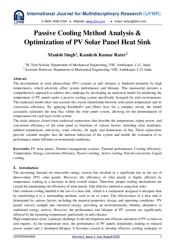 (PDF) Passive Cooling Method Analysis & Optimization of PV Solar Panel ...