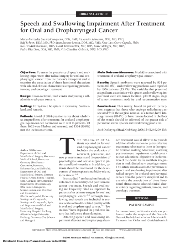 (PDF) Speech and Swallowing Impairment After Treatment for Oral and ...
