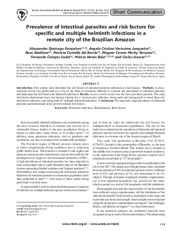 (PDF) Prevalence of intestinal parasites and risk factors forspecific ...