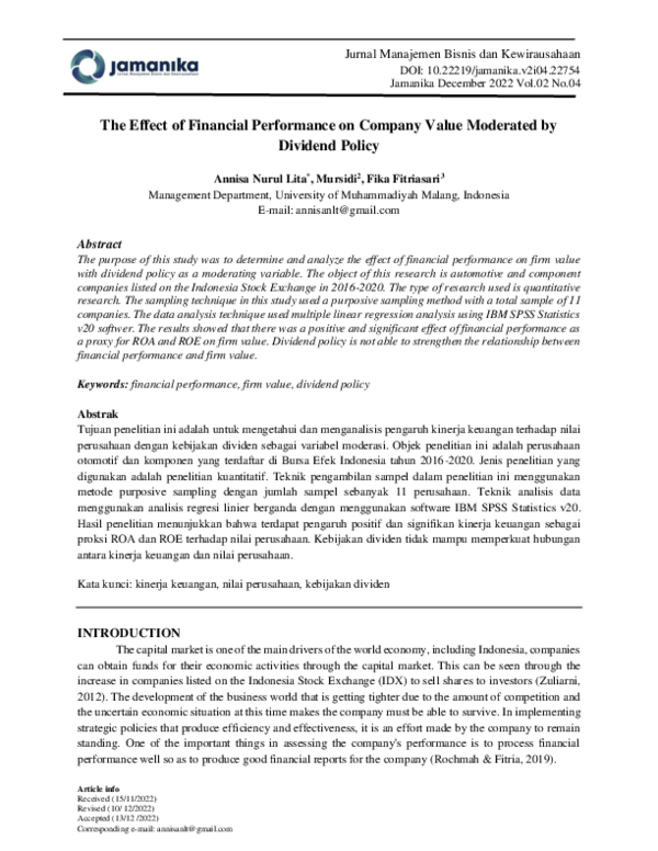 (PDF) The Effect of Financial Performance on Company Value Moderated by ...