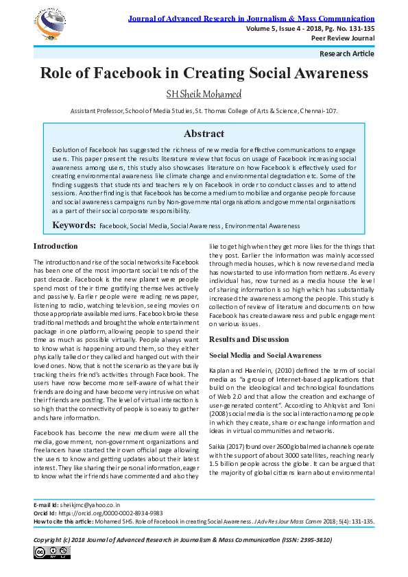 (PDF) Role of Facebook in Creating Social Awareness