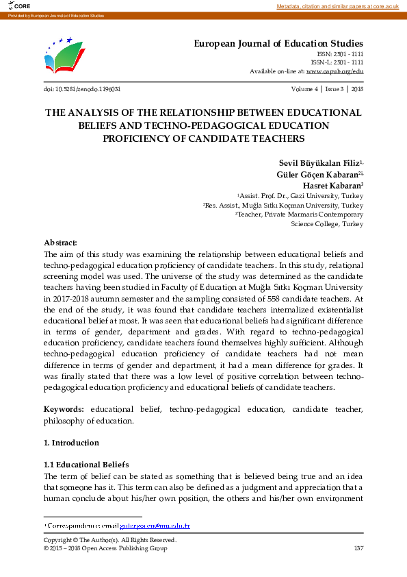 (PDF) The Analysis of the Relationship Between Educational Beliefs and ...