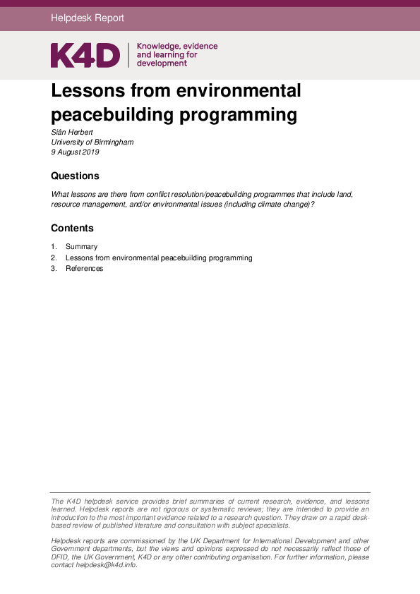Pdf Lessons From Environmental Peacebuilding Programming