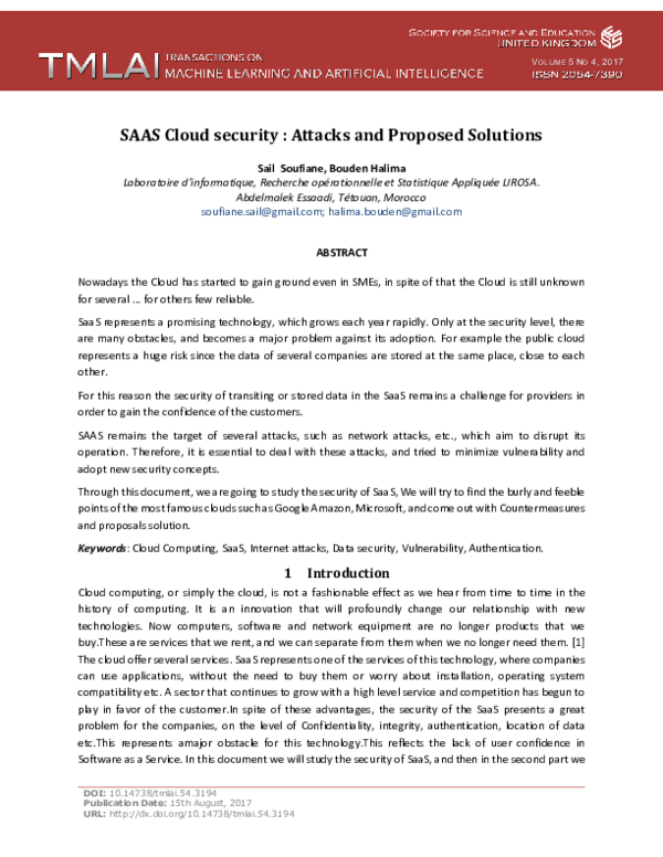 (PDF) SaaS Cloud Security : Attacks and Proposedsolutions