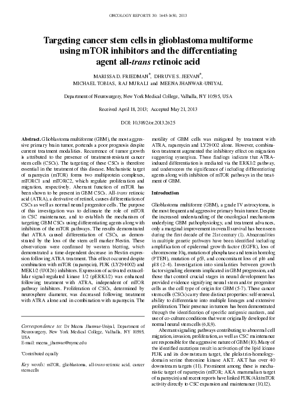 (PDF) Targeting cancer stem cells in glioblastoma multiforme using mTOR ...