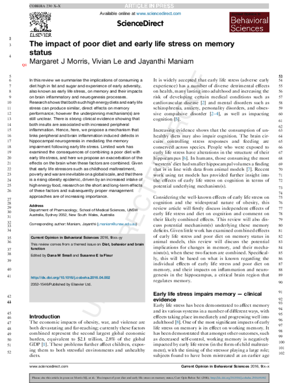 (PDF) The impact of poor diet and early life stress on memory status