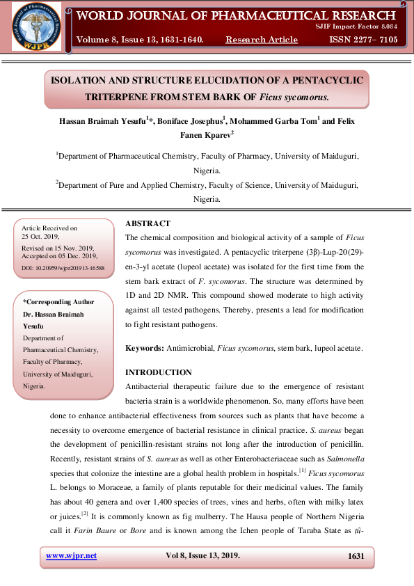 (PDF) ISOLATION AND STRUCTURE ELUCIDATION OF A PENTACYCLIC TRITERPENE ...
