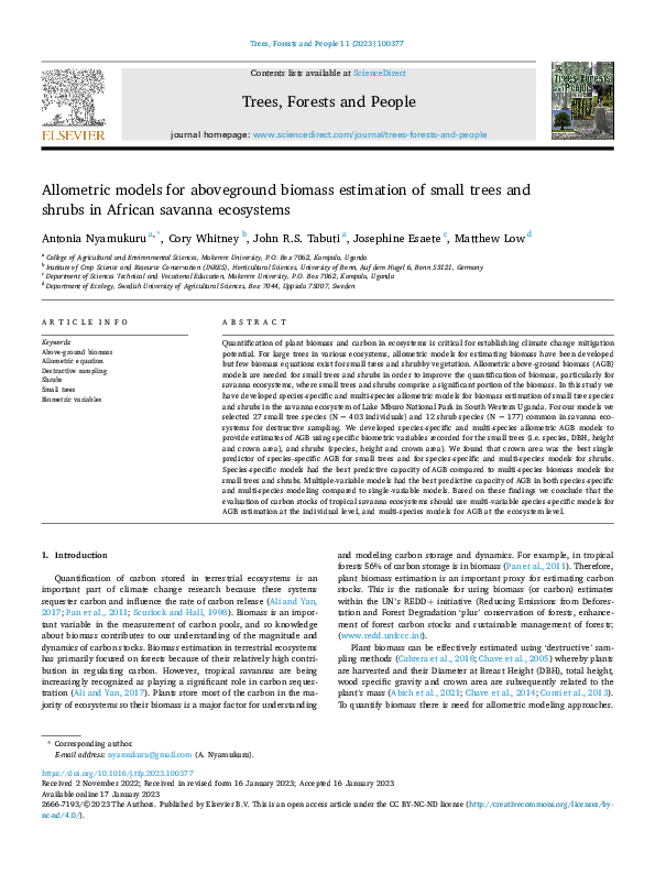 (PDF) Allometric models for aboveground biomass estimation of small ...