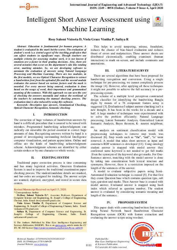 (PDF) Intelligent Short Answer Assessment using Machine Learning