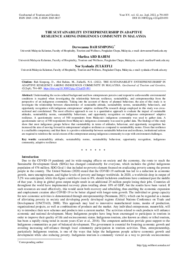(PDF) The Sustainability Entrepreneurship in Adaptive Resilience Among ...