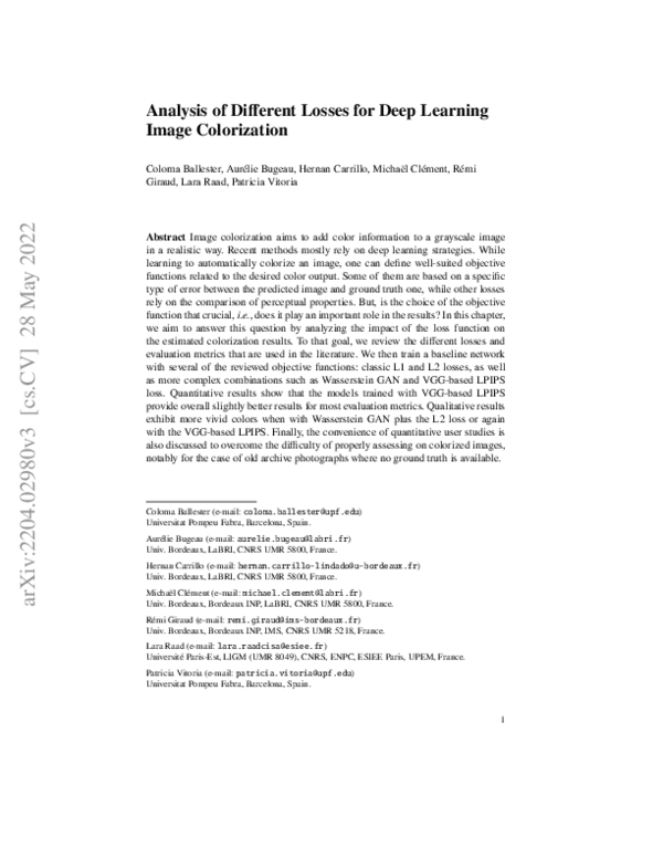 (PDF) Analysis of Different Losses for Deep Learning Image Colorization