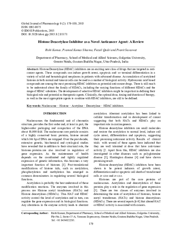 (PDF) Histone Deacetylase Inhibitor as a Novel Anticancer Agent: A Review
