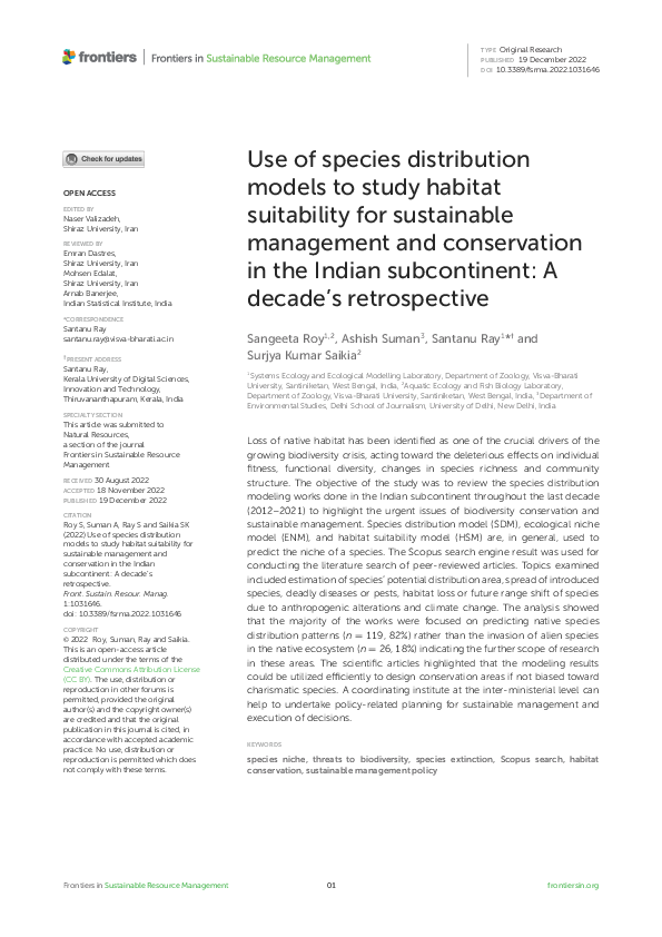 (PDF) Use of species distribution models to study habitat suitability ...