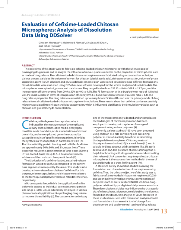 (PDF) Evaluation of Cefixime-Loaded Chitosan Microspheres: Analysis of ...