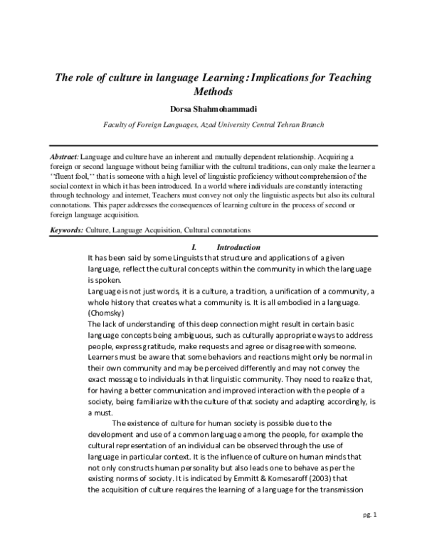 (PDF) The Role of Culture in language Learning: Implications for ...