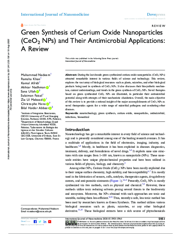 (PDF) Green Synthesis of Cerium Oxide Nanoparticles (CeO 2 NPs) and ...